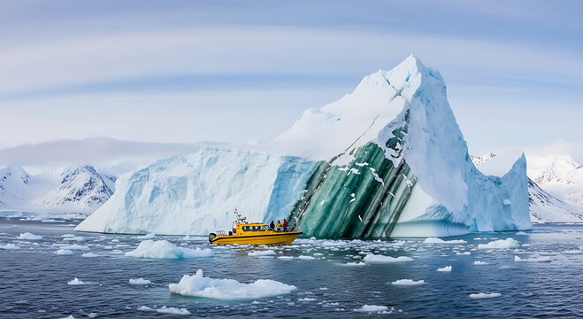Yellow Expedition Boat Approaching Striped Glacial Iceberg in Polar Arctic Waters