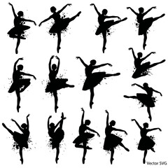Ballet Dancer Silhouettes Collection - Dynamic Poses with Paint Splatter Effect © Kardus