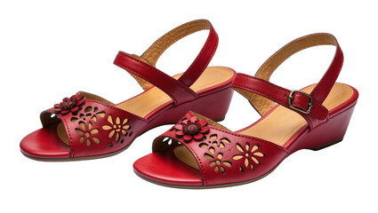 Naklejka premium Red leather wedge sandals with floral cutouts and single strap