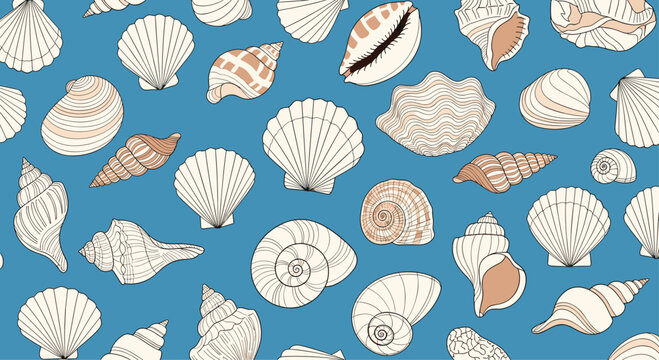 Nautical seamless pattern with different types of seashells and mollusks on a blue ocean background for summer holiday design.