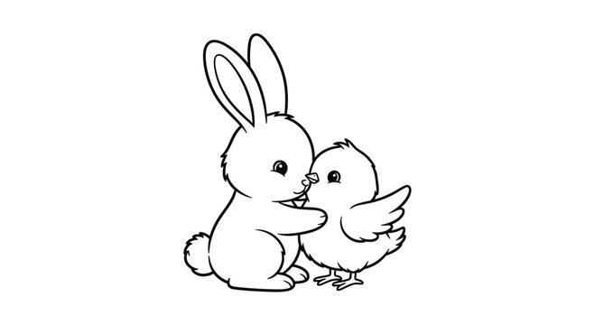 Easter themed coloring page of a fluffy baby rabbit hugging a cute baby chick symbol of friendship and spring season.