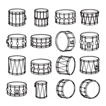 Collection of snare drums in a hand-drawn sketch style on a white background