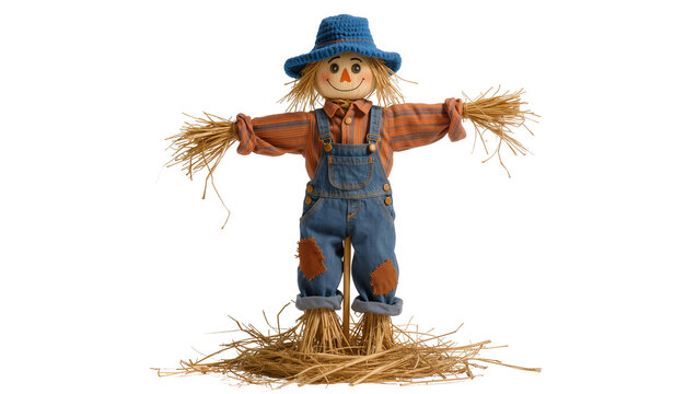 Rustic Scarecrow with Hay Arms and Denim Overalls on Straw Mound