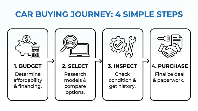 Car buying journey process covering budget planning vehicle selection inspection and purchase steps including affordability financing research comparison condition history and deal finalization