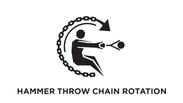 Silhouette-style illustration of a person swinging a hammer throw implement in a circular motion, depicting the chain rotation phase of the track and field event.
