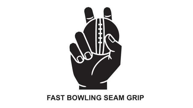Black and white illustration of a hand holding a cricket ball with fingers positioned for fast bowling seam grip technique.