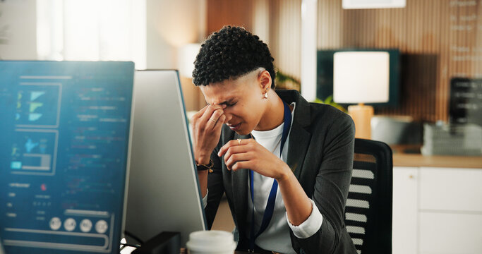 Frustrated, woman and programmer with headache in office for overworked, pressure or strain. Tired, female person or coder with migraine, pain or sore ache on computer for mistake or program error