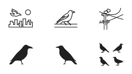 Fototapeta premium Raven Icon Collection: A sleek collection of raven icons offers versatile graphic elements for diverse design needs, featuring silhouettes, and line art against a minimalist background.