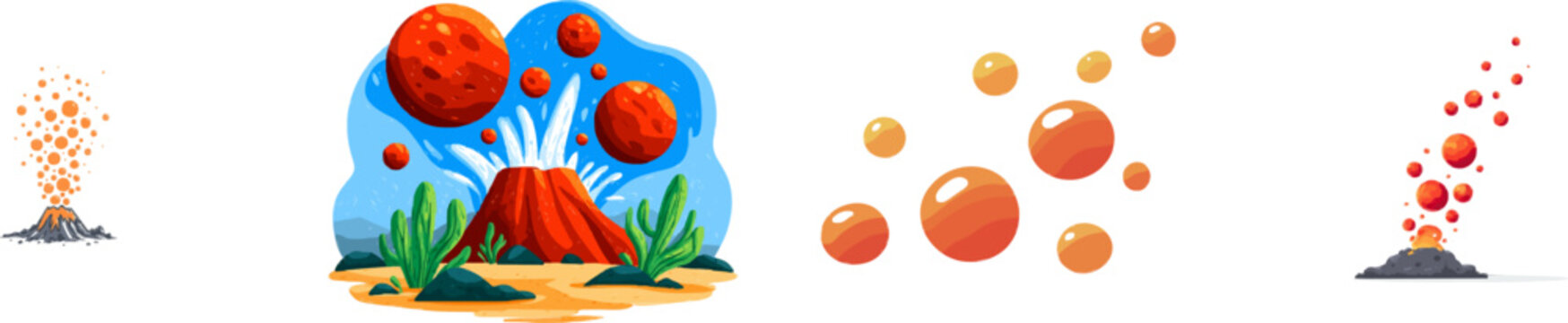 A minimalist illustration of a volcanic eruption features flat vector bubbles in dark red and orange hues, geometric circles, and solid colors against a white background