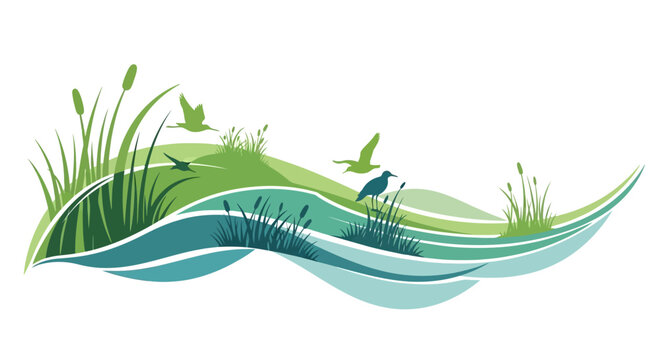 Celebrating world wetlands day and ocean conservation, a stylized vector graphic depicts birds flying over green grasses and blue wavy water lines against a white background