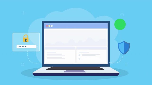 Animated laptop displaying cyber security dashboard with password login, shield protection, and data monitoring elements in clean flat design on teal background.