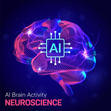 AI Brain Activity Neuroscience Futuristic Technology Concept. Glowing abstract brain with AI chip core and electric signals, illustrating artificial intelligence