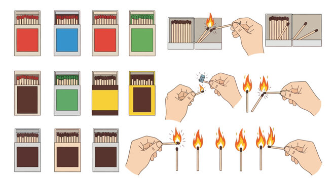 Illustration of matchboxes and hands lighting matches in various stages