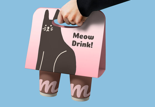 Cute Cat Themed Drink Carrier Mockup PSD