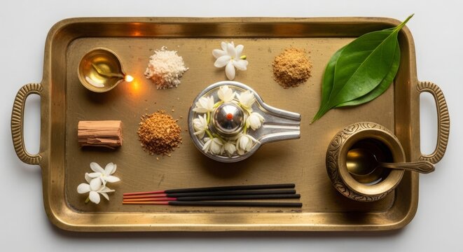 Shravana Somvar Puja with Miniature Silver Shiva Lingam and White Jasmine Flowers Arranged on a Rustic Brass Tray Top View Flat Lay Background