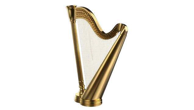 Golden ornate Celtic harp with silver tuning pins and strings