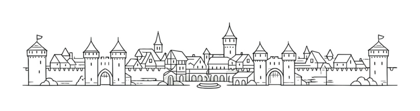 Walled medieval town with towers and bridges over river