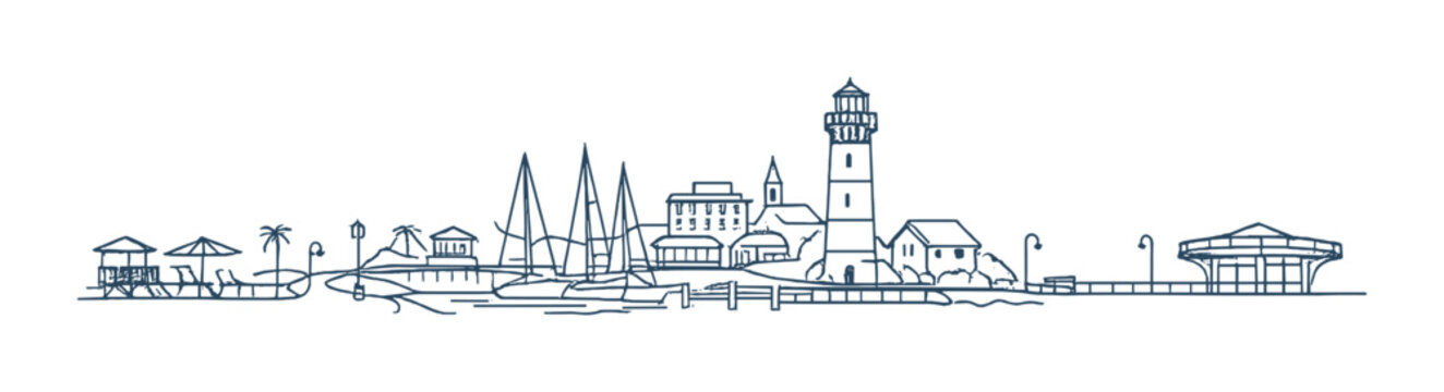 Coastal town with lighthouse and sailboats along waterfront pier