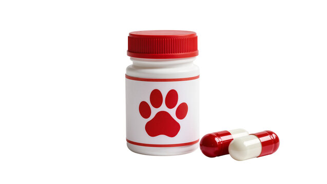 White Pet Medicine Bottle with Red Lid and Two Red-White Capsules