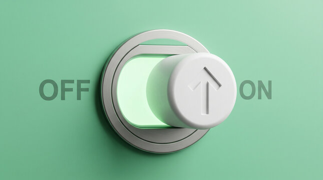A 3D-rendered toggle switch in ON position with an upward growth arrow icon on a fresh mint-green surface representing mindset activation.