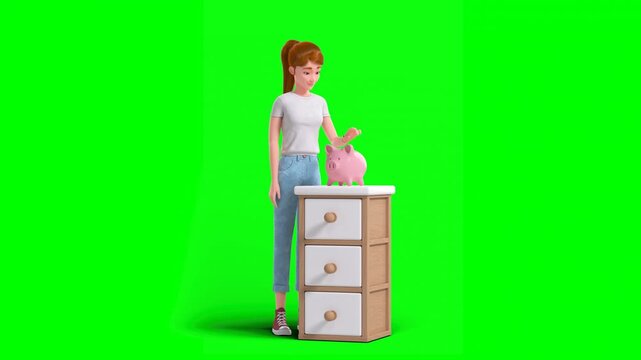 3D Animated Cartoon Woman Counting and Putting Coins Into Piggy Bank On White Cabinet Table With Storage Drawers. Green Screen.