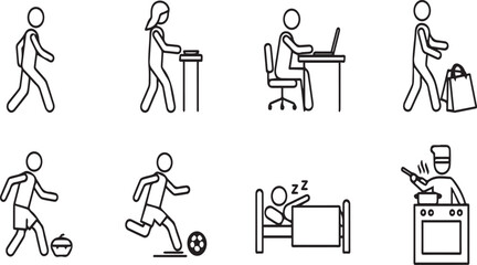 Fototapeta premium Diverse Stick Figure Activities Collection: Walking, Working, Playing, Sleeping, Cooking