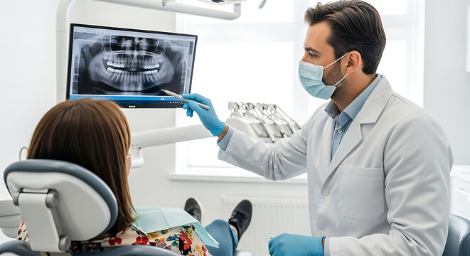 Dentist in a mask pointing at a dental x-ray on a monitor while consulting with a patient in a dental chair.