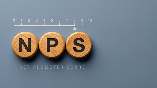 Three wooden circle discs spelling NPS with a 0-10 scale gauge illustration on a blue-grey studio background for customer satisfaction.