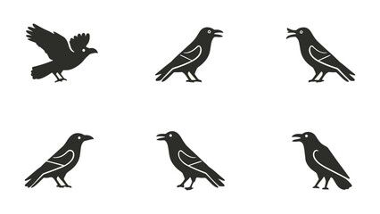 Fototapeta premium Raven Silhouette Sequence: A stylized sequence of raven silhouettes showcases the raven's dynamic postures, from flight to perching, capturing its iconic shape and behavior. 