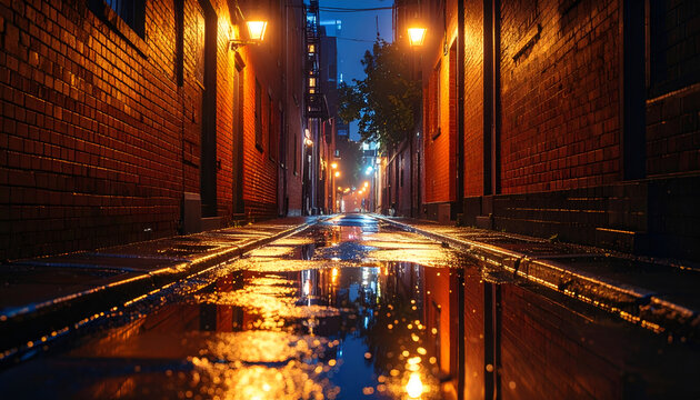 A dimly lit, narrow city street reflects warm light in a wet pavement, creating a captivating urban scene at dusk.
