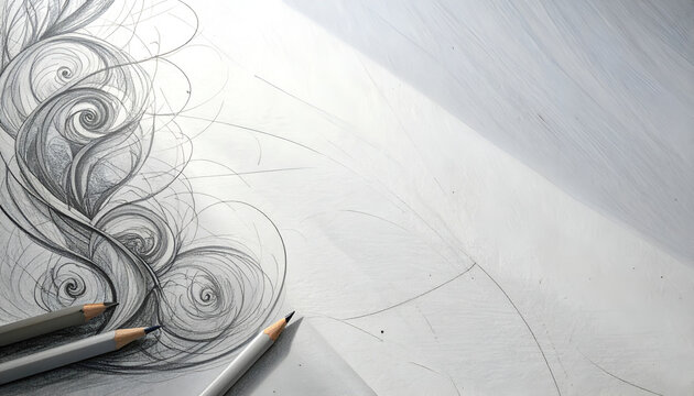 A detailed pencil drawing featuring swirling, organic forms and a collection of pencils rests on a textured surface, showcasing artistic creation and intricate detail.