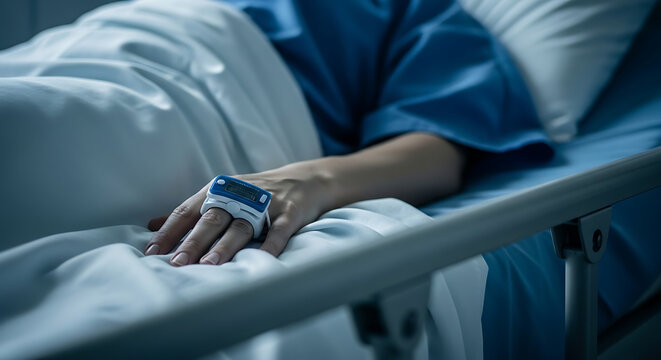 Close-up of a patient's hand with a pulse oximeter attached, lying in a hospital bed.