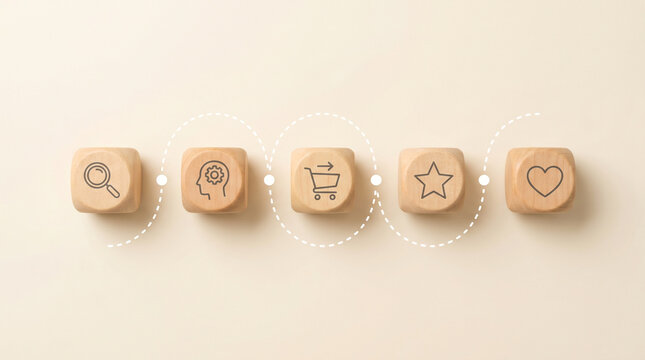 Wooden cubes with user journey icons &mdash; awareness, consideration, purchase, loyalty &mdash; on a dashed path over a light cream background.