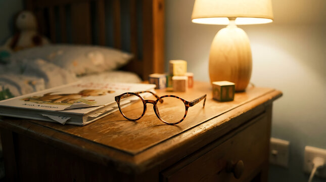 A child's round tortoiseshell glasses resting on a wooden nightstand beside a book and lamp