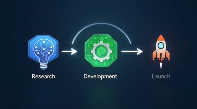 Animated business process flowchart illustrating research development and product launch phases with digital icons on a dark blue background for tech strategy