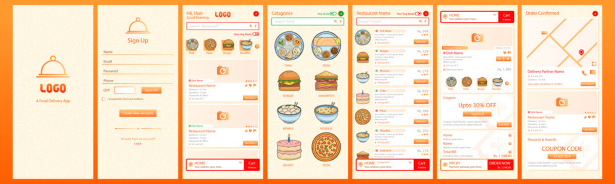 Complete mobile app interface design for food delivery service in bright orange theme. Includes sign up, home search, categories, restaurant menu with thali dosa burger pizza, cart and order tracking 