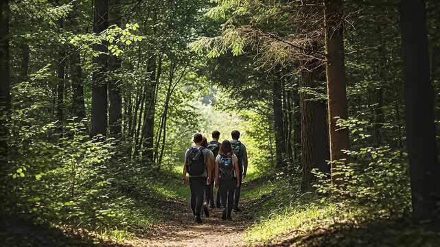 Group Hiking on Forest Trail with Sunlight Filtering Through Trees