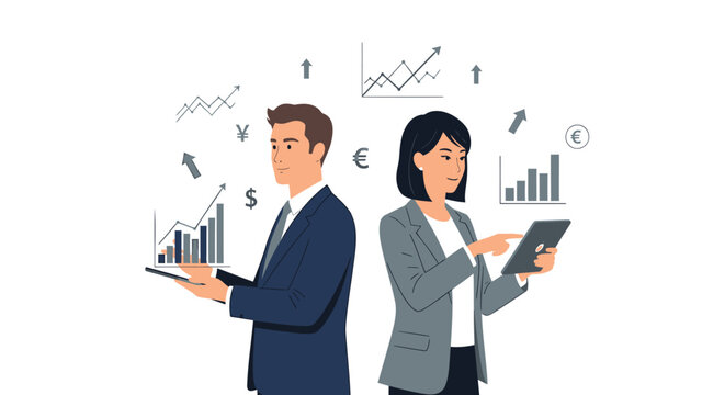 Business professionals, office workers, financial analysis, data visualization vector