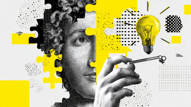 Trendy Halftone Collage Logic and critical thinking. Cognitive strategy for mind. Hand with puzzle, lightbulb, key and pencil. Idea of creativity. Contemporary vector illustration art