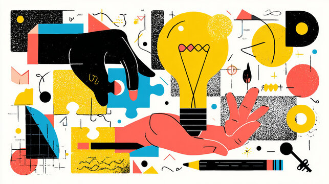 Trendy Halftone Collage Logic and critical thinking. Cognitive strategy for mind. Hand with puzzle, lightbulb, key and pencil. Idea of creativity. Contemporary vector illustration art