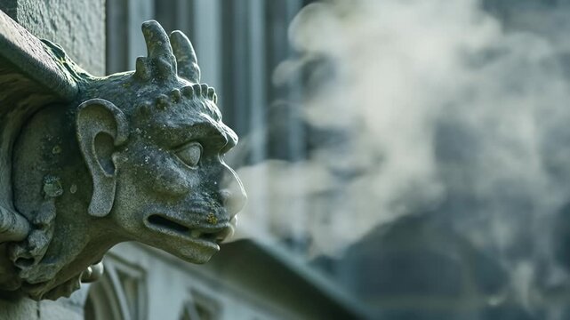Stone gargoyle on a building with steam emanating from its mouth in soft focus
