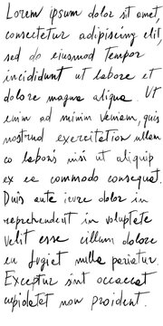 A block of handwritten Lorem Ipsum text in black ink on a white background. The script is thin, cursive, and slanted, giving the appearance of a personal letter or a natural, quick-penned note.