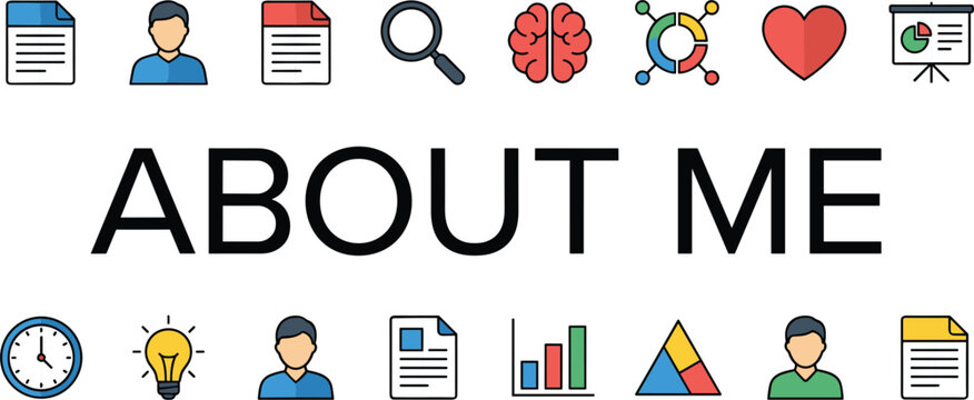 About me profile and personal information icon set featuring user data, identity, resume and self introduction elements