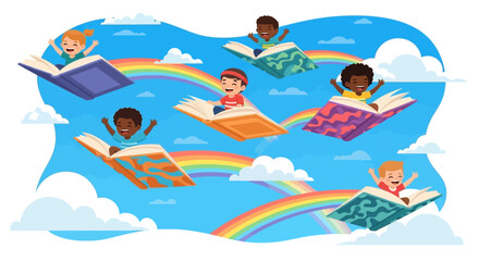 Cozy reading nook illustration featuring a blue armchair and stacks of books, set against bookshelves and potted plants in a pastel color palette, creating an inviting scene © RizqiArdi