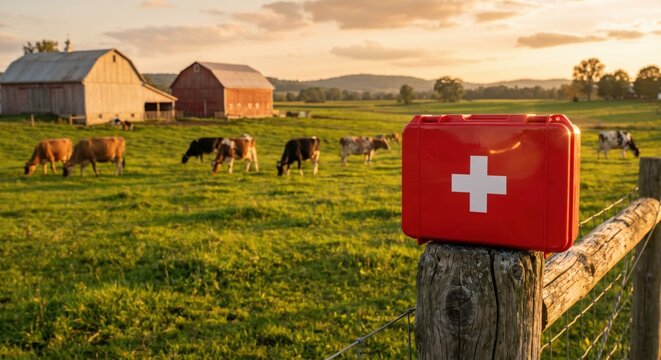 Veterinary first aid kit on rural farm fence with grazing cows at sunset, symbolizing animal healthcare, livestock treatment and agricultural safety in countryside environment
