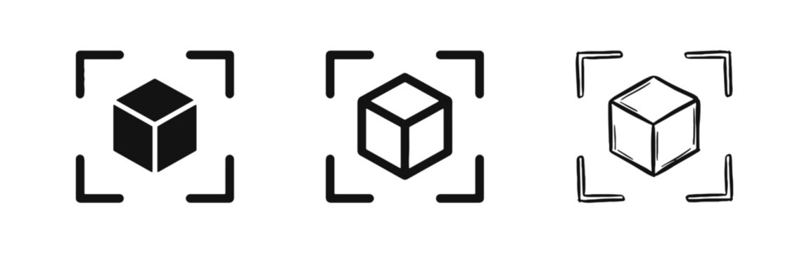 3D Cube Scanner and Box Focus Icons Set for Logistics or AR