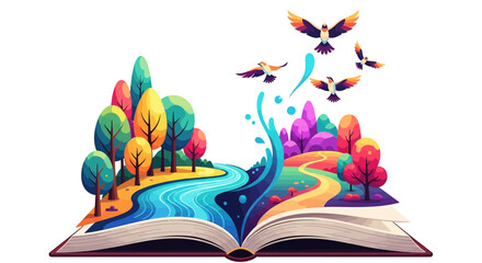 A vibrant illustration of an open book shows colorful trees, a flowing river, and birds taking flight, symbolizing the joy of reading and the boundless imagination books inspire © RizqiArdi