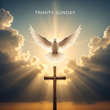 A wooden altar with a crucifix stands against a vibrant mosaic of colored glass panels in a church celebrating trinity sunday.