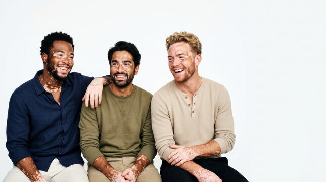 Proud of skin imperfections Diverse Group of Happy Men With Vitiligo Skin Condition Laughing Together on White Background