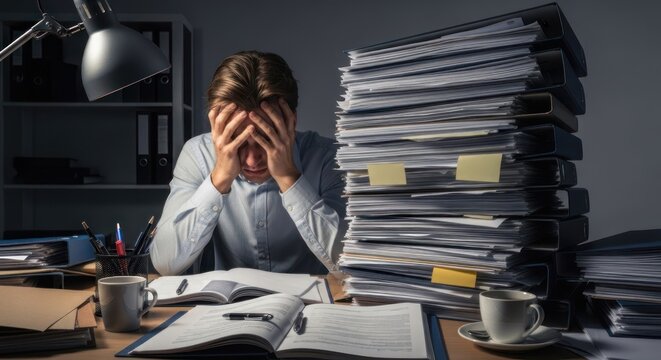 A stressed man sits at a desk, overwhelmed by a large stack of papers. He has his head in his hands, displaying a look of frustration and exhaustion. The desk is cluttered with a lamp, pens, a mug